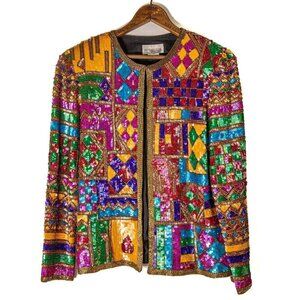 80s Nordstrom Multicolor Sequin Blazer Silk Lined Vintage Party Jacket s evening